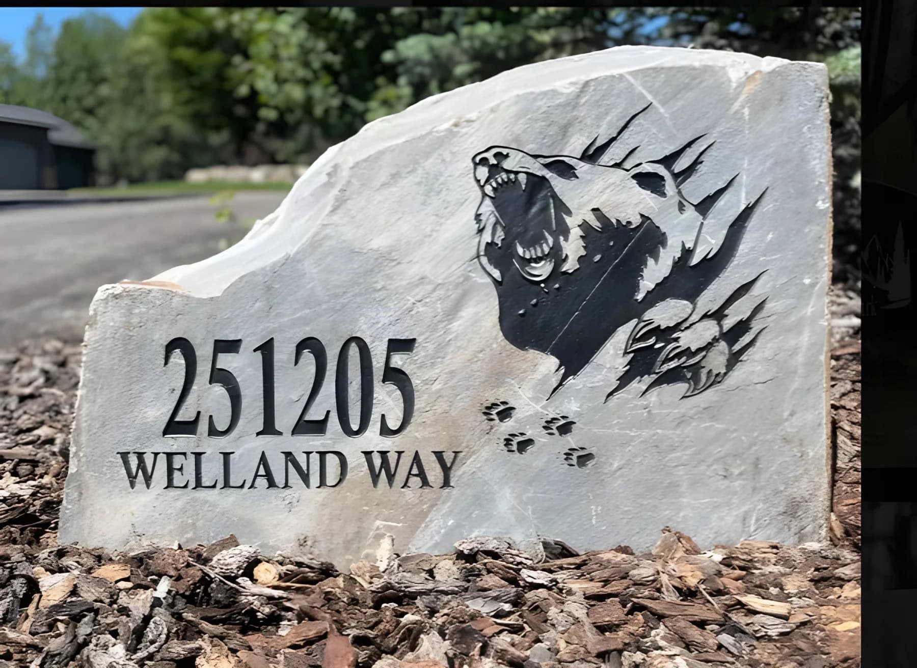 Custom engraved address stone with a bear design